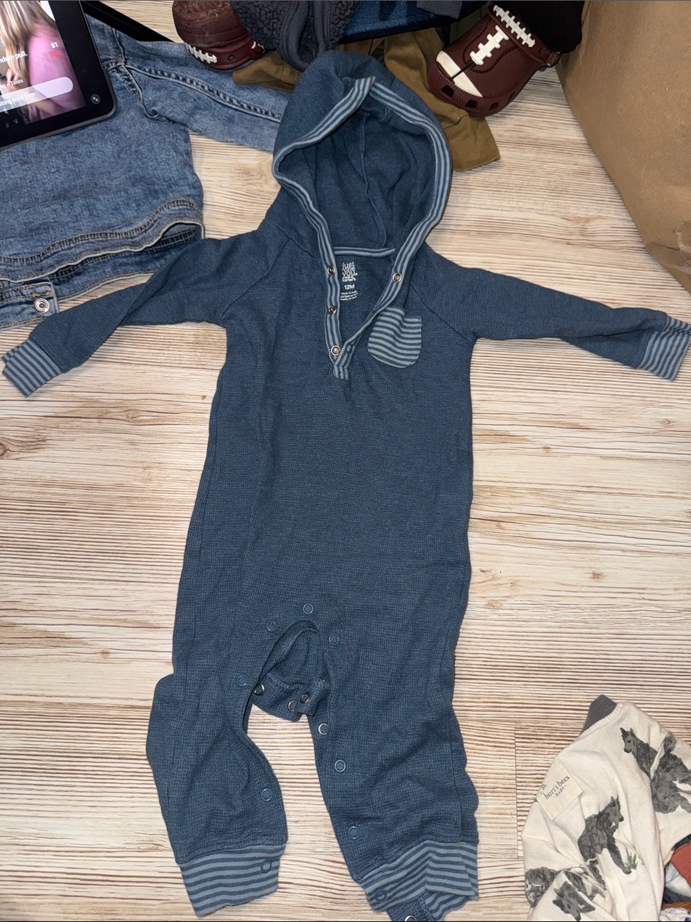 Toddler Hooded Footie One-Piece in Denim Blue